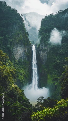 Majestic Waterfall in Lush Green Landscape