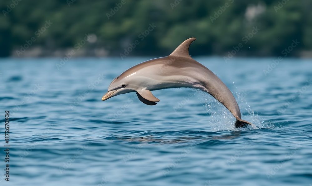 Fototapeta premium Dolphin leaps gracefully, catching a small hoop before diving back into the water, Generative AI