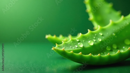 Close-up of vibrant green aloe vera leaves with water droplets, showcasing natural beauty and health benefits