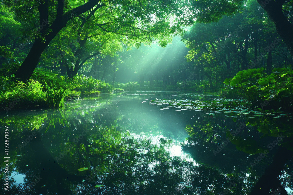 Sunbeams illuminate tranquil forest pond reflecting lush greenery Sunbeams illuminate tranquil forest pond reflecting lush greenery