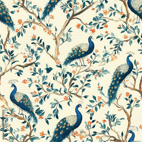 A vibrant pattern featuring peacocks among leafy branches and flowers, creating an elegant and nature-inspired design. seamless pattern
