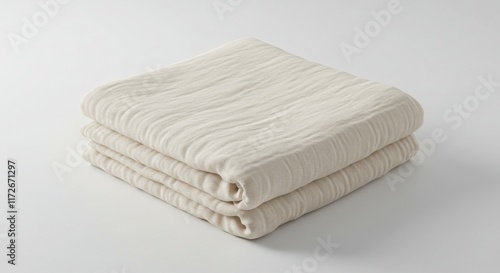 Folded Cream Colored Muslin Cotton Blanket on White Background