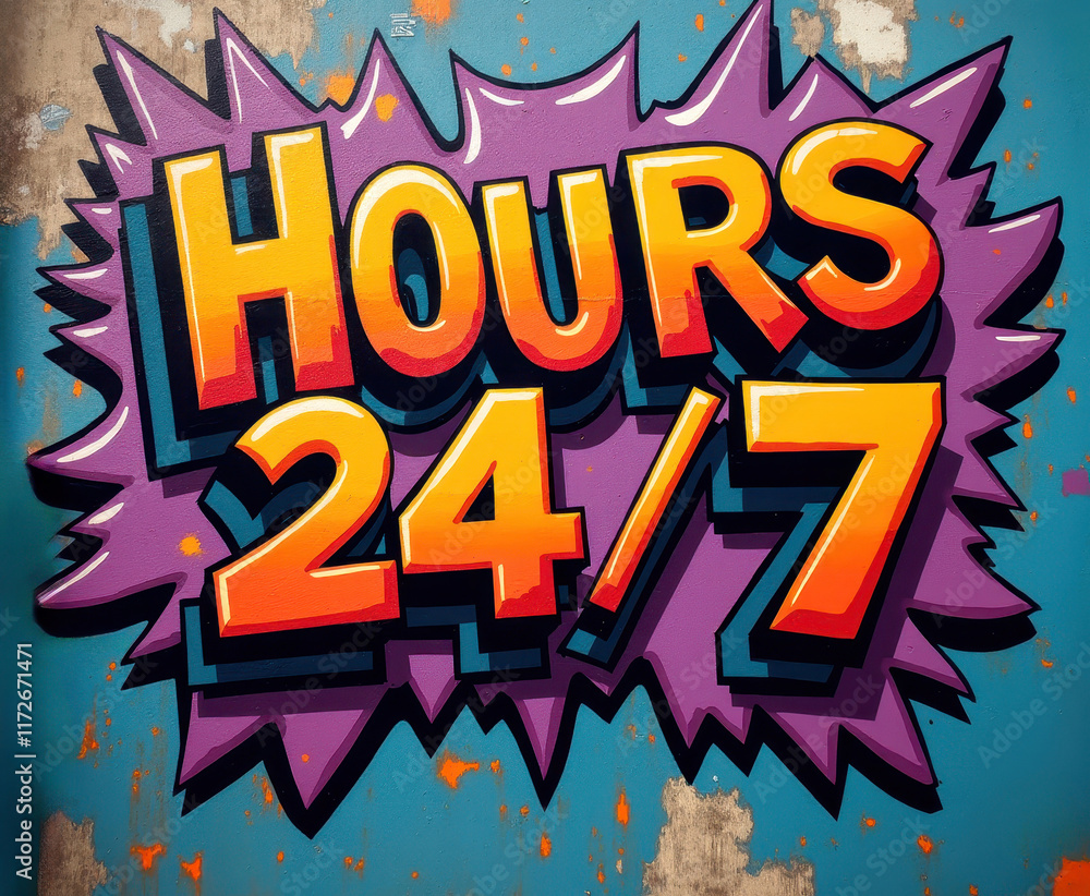Fototapeta premium Vibrant 24/7 availability sign for business promotions and advertisements
