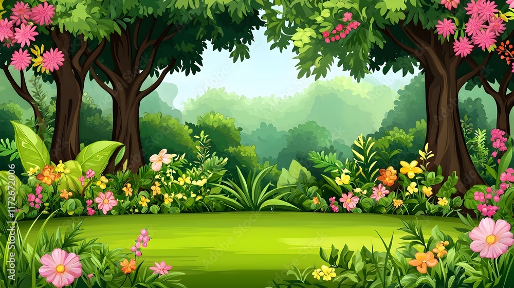 Fototapeta premium Tranquil Forest Landscape with Lush Foliage and Blooming Flowers for Backdrop or Text