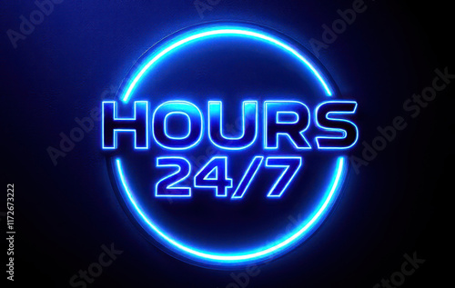 Neon blue 24/7 hours sign for business availability and customer engagement