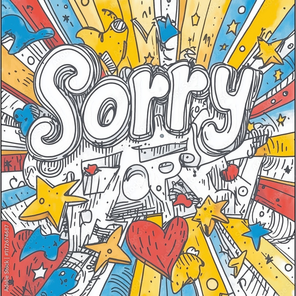Fototapeta premium Colorful apology artwork with stars and heartburst design