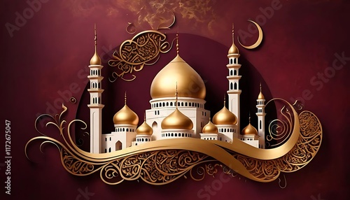 Elegant Golden Mosque Design with Intricate Calligraphy