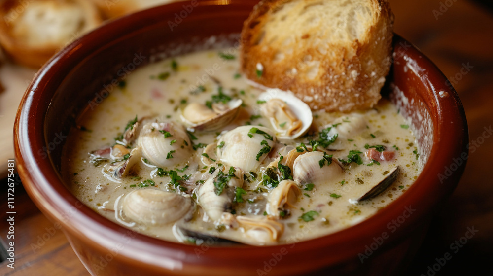 Creamy clam chowder served in a bowl with crispy bread on the side at a coastal restaurant Creamy clam chowder served in a bowl with crispy bread on the side at a coastal restaurant