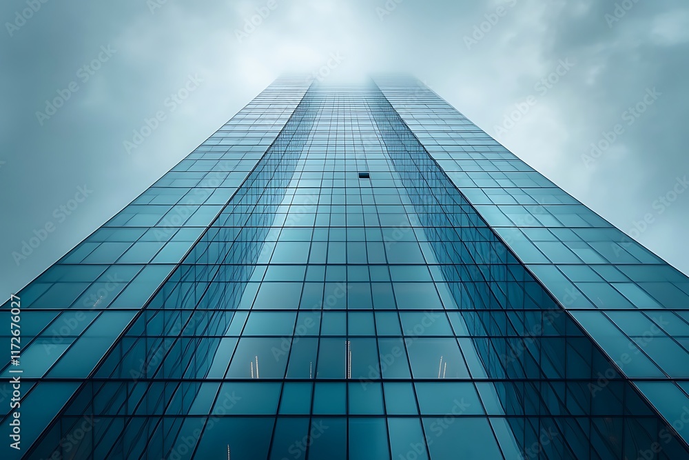 Modern Glass Skyscraper Ascending Through Cloudy Sky Modern Glass Skyscraper Ascending Through Cloudy Sky