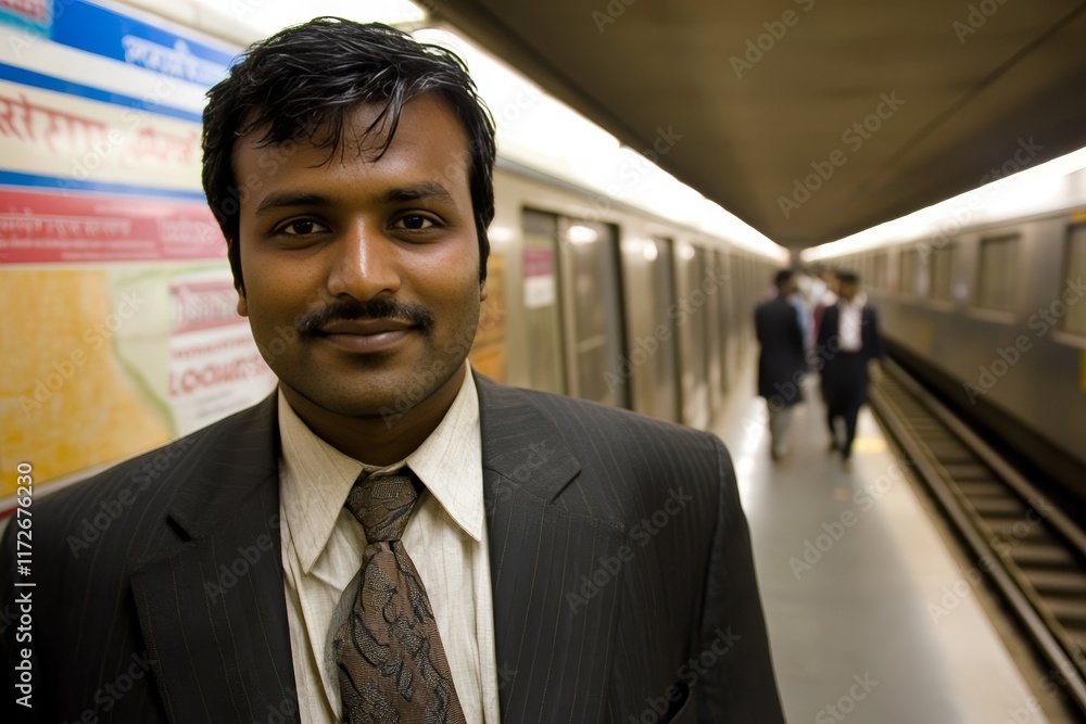 Young asian male in suit smiling at subway station Young asian male in suit smiling at subway station