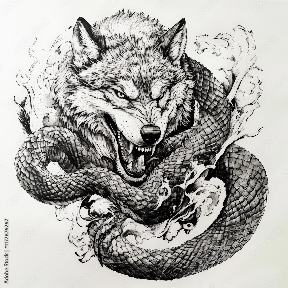 Fototapeta premium animal, vector, wolf, snake, tattoo, head, tiger, wild, illustration, wolf, art, mammal, lion, cat, dog, tribal, drawing, black, wildlife, nature, dragon, symbol, beast, fur, design, logo, cartoon