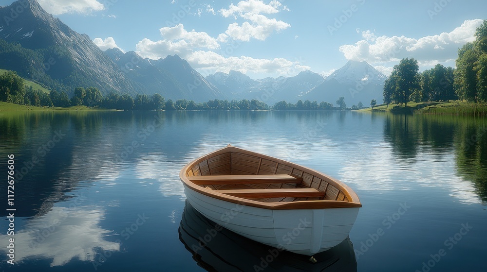 Serene mountain lake boat; calm waters, scenic background; ideal for travel brochures. Serene mountain lake boat; calm waters, scenic background; ideal for travel brochures.