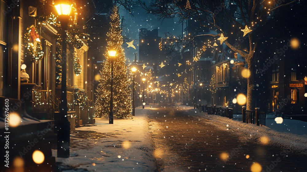 Obraz premium Winter night stroll in a beautifully decorated snowy street filled with lights and holiday spirit