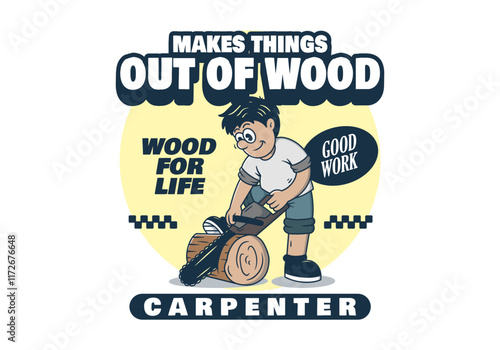 Illustration of a Carpenter sawing a block of wood