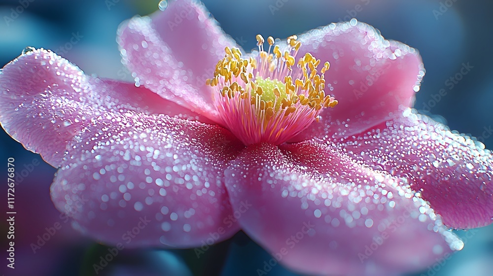 Fototapeta premium Vibrant Pink Flower with Glistening Dew Drops in a Blooming Garden Landscape