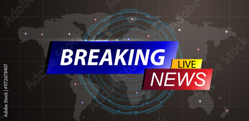 vector illustration breaking news background template. blue futuristic broadcast with word map.