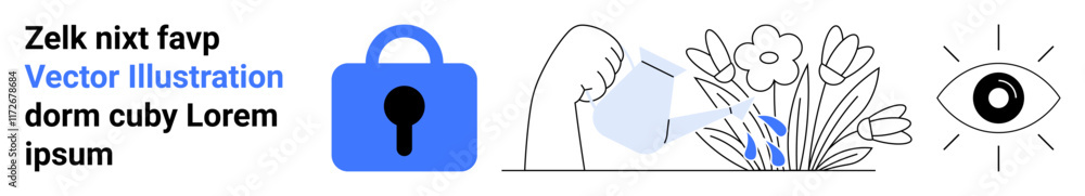 Lock icon, watering can pouring water on flowers, and an eye symbol combined with placeholder text. Ideal for security, privacy, gardening, awareness, environment, apps, and web design. Banner Lock icon, watering can pouring water on flowers, and an eye symbol combined with placeholder text. Ideal for security, privacy, gardening, awareness, environment, apps, and web design. Banner