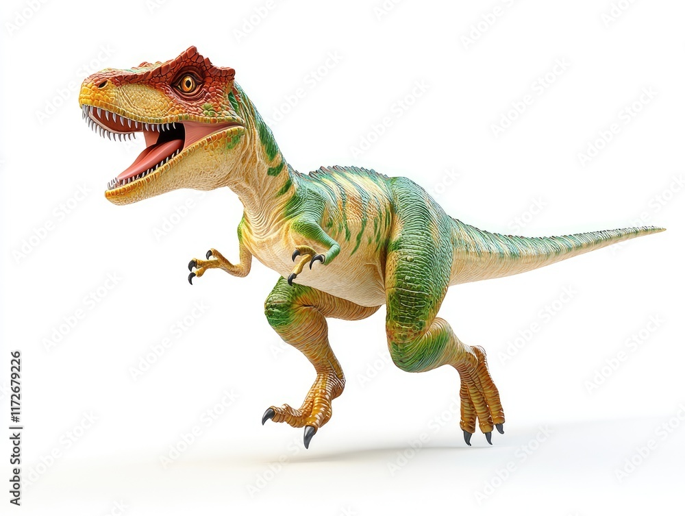 Fototapeta premium A vibrant, animated dinosaur model in a dynamic pose, showcasing its detailed features.