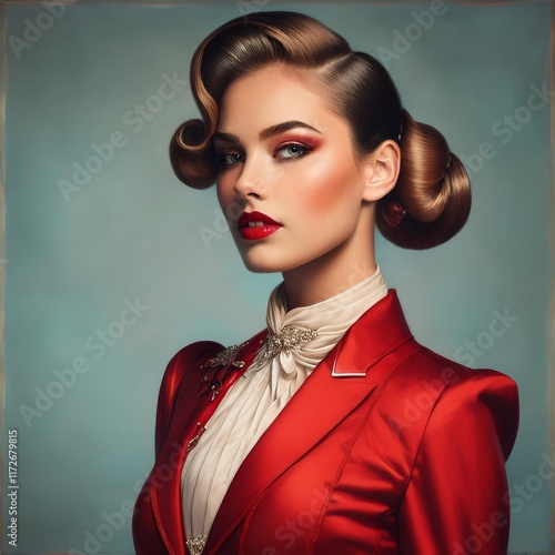 Vintage style portrait of young beautiful glamorous lady in a chic red suit with makeup