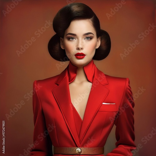 Vintage style portrait of young beautiful glamorous lady in a chic red suit with makeup