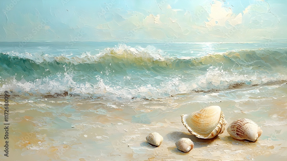 A tranquil beach scene with soft waves and seashells on a serene coastal shore A tranquil beach scene with soft waves and seashells on a serene coastal shore