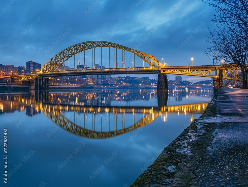 Obraz premium Beautiful skyline at dusk with a graceful bridge arching over the water creating a stunning reflection