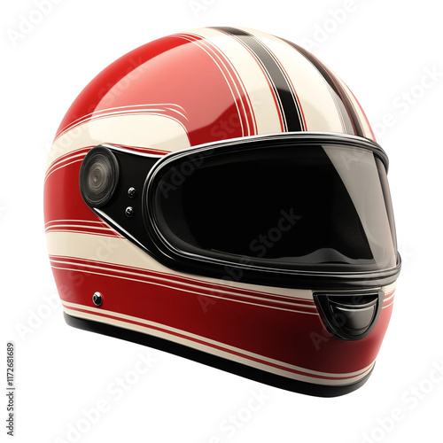 Retro red and white motorcycle helmet with stripes isolated on a white background