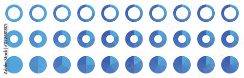 Pie chart set. Circle division infographic icon set. Circle section graph. Pie chart divided 4,5,6 equal parts. Color pizza or donut round diagram. Infographic wheel segment and fraction.