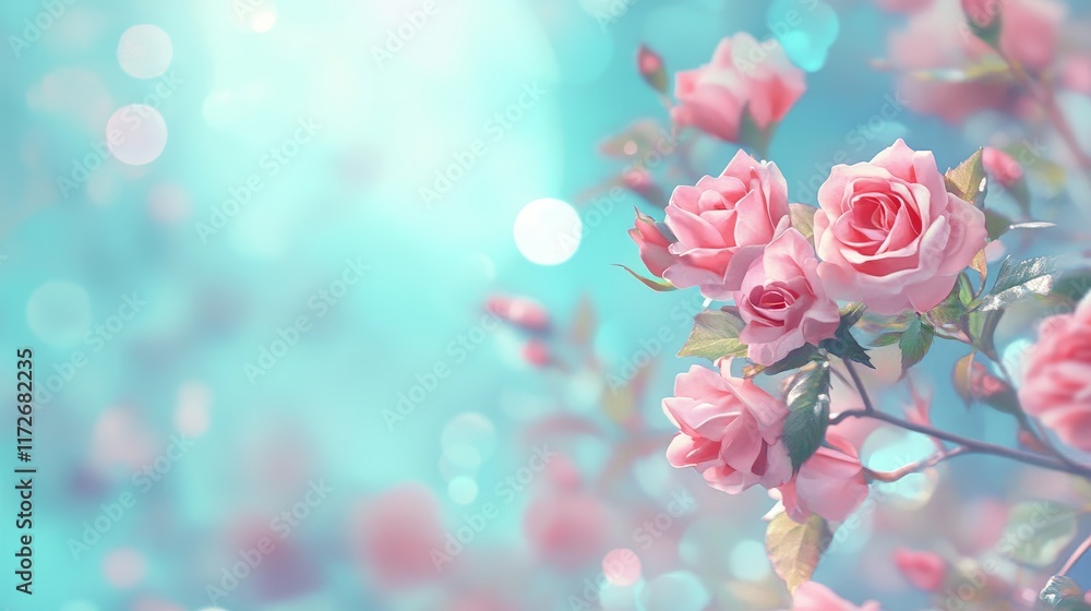 Soft Pink Roses in Bloom Against a Pastel Blue Background Soft Pink Roses in Bloom Against a Pastel Blue Background