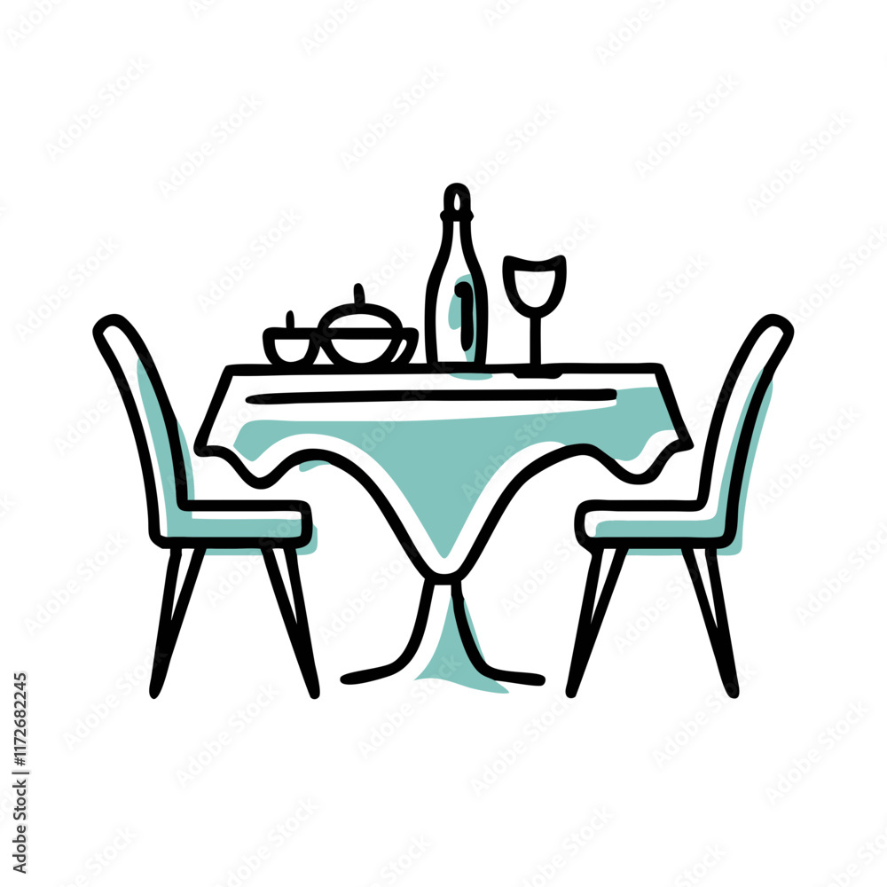 Elegant dining table with teal tablecloth and wine illustration. Elegant dining table with teal tablecloth and wine illustration.