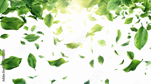 A serene 3D illustration of flying green leaves illuminated by gentle sunbeams, creating a vibrant and peaceful nature effect. Perfect for backgrounds, environmental concepts, and spring themes.