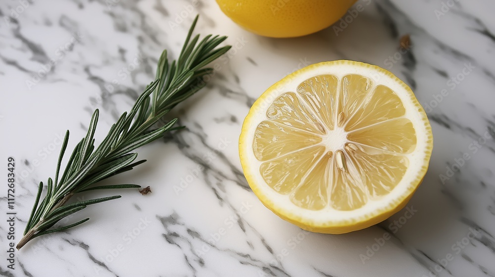 Fresh Lemon Slices and Rosemary on Marble Background Fresh Lemon Slices and Rosemary on Marble Background