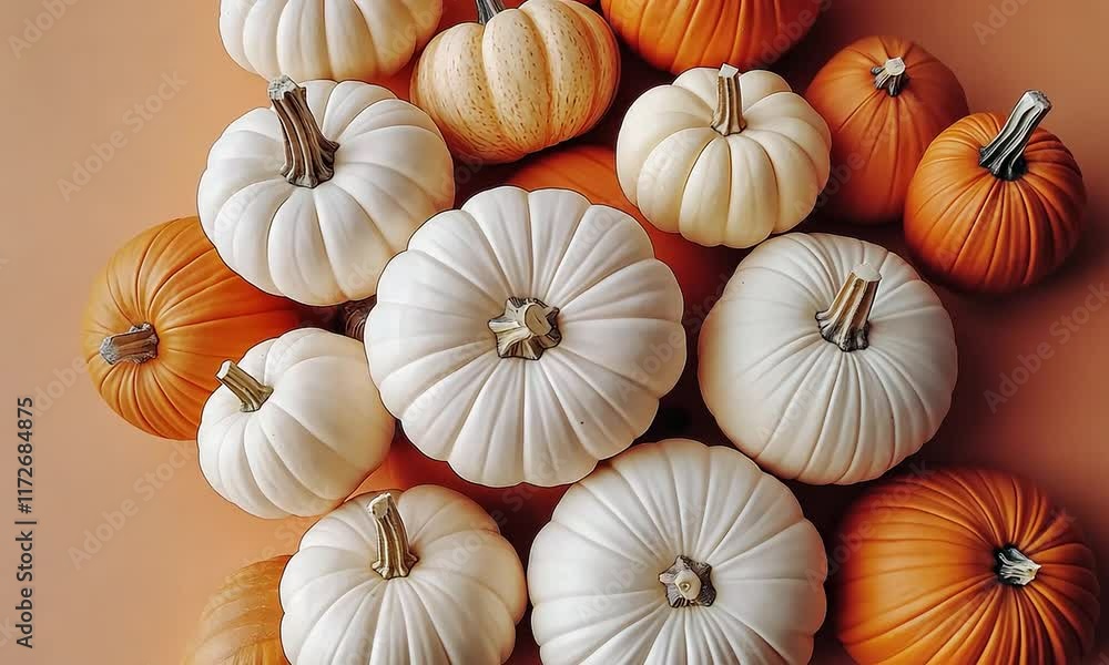 top view of white and orange pumpkins on an orange background top view of white and orange pumpkins on an orange background