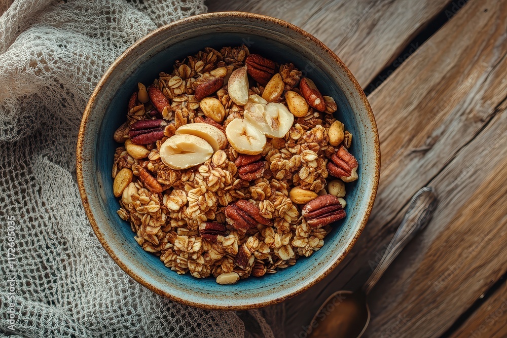 Healthy homemade granola with nuts and banana slices in a bowl on wooden table Healthy homemade granola with nuts and banana slices in a bowl on wooden table