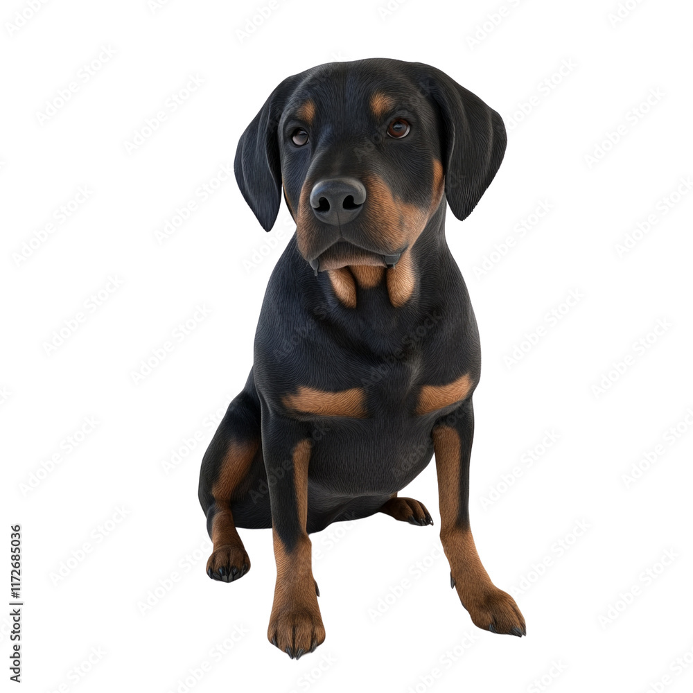 A black and brown dog is sitting on a white background A black and brown dog is sitting on a white background