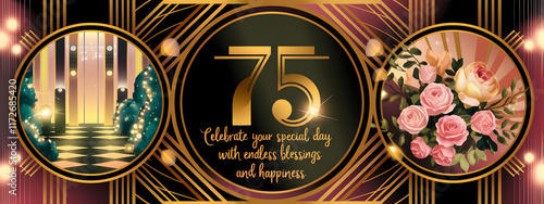 75th birthday card with roses and golden details