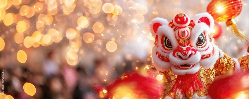 Fototapeta premium Chinese new year A lion dance parade leading a crowd beneath glowing firecrackers, vibrant red and gold elements capturing the festive spirit
