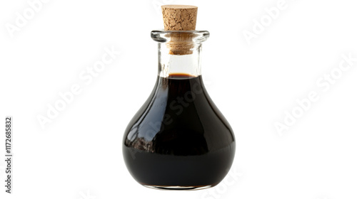 A glass bottle with dark balsamic vinegar, isolated on transparent background