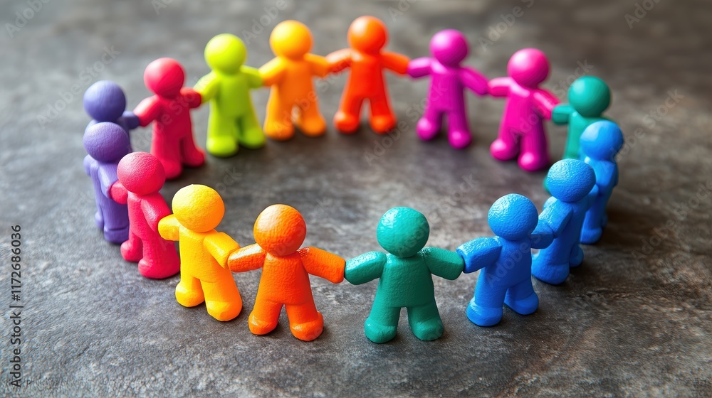 Obraz premium Unity. Colorful similar plasticine figures in a circle holding hands. Community. Group support and solidarity. Wooden toy characters standing together