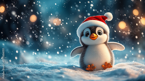 3D penguin character with santa hat standing in snow, winter holiday illustration