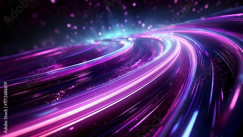 Abstract technological background that evokes a sense of speed. Exciting and dynamic composition of bright purple light stripes on a deep black background.