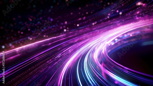 Abstract technological background that evokes a sense of speed. Exciting and dynamic composition of bright purple light stripes on a deep black background.