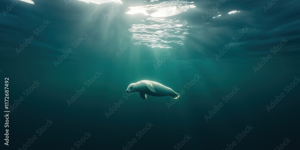 Obraz premium magical underwater view of a white seal pup swimming gracefully beneath the frozen surface of a northern lake