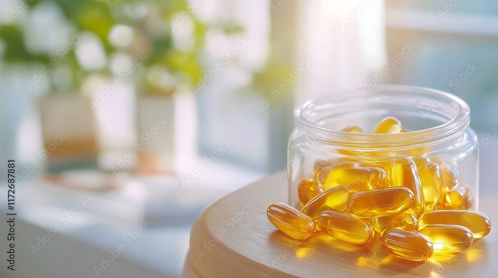Golden Omega-3 Capsules in a Glass Jar on a Wooden Surface Golden Omega-3 Capsules in a Glass Jar on a Wooden Surface