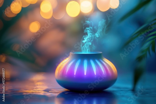 Calm ambiance created by a colorful aromatherapy diffuser releasing steam in a cozy setting photo