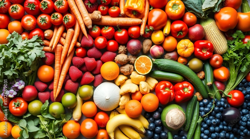 Rainbow Assortment of Fresh Organic Fruits and Vegetables, background, colorful Rainbow Assortment of Fresh Organic Fruits and Vegetables, background, colorful