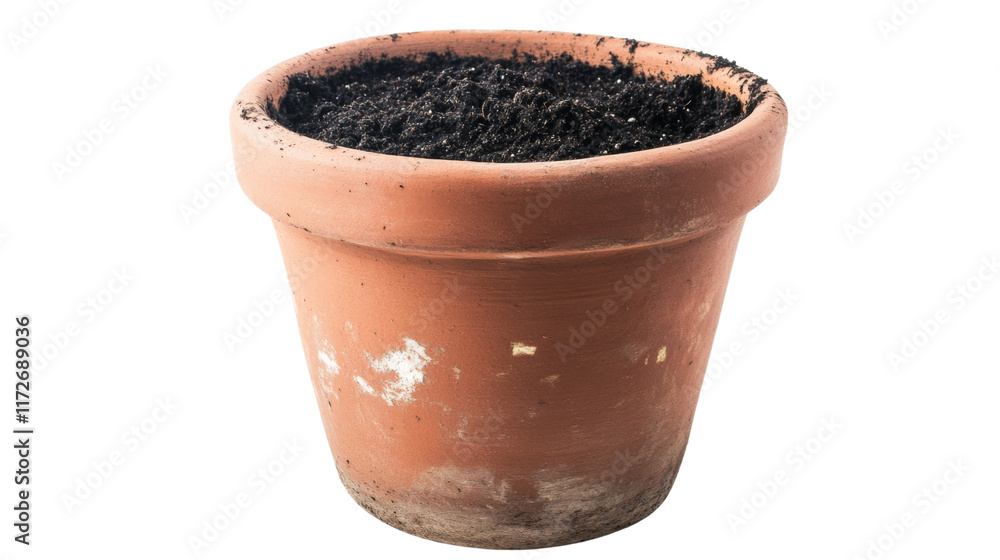 A simple clay pot with black soil perfect for planting, isolated on transparent background A simple clay pot with black soil perfect for planting, isolated on transparent background