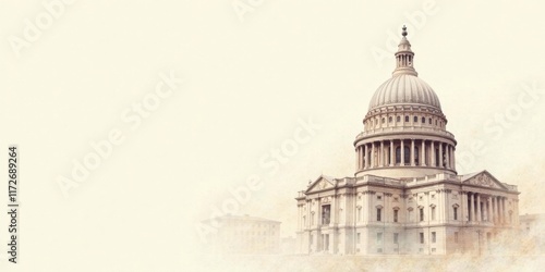 A Majestic Dome and Classical Facade of a Grand Building in a Hazy Atmosphere