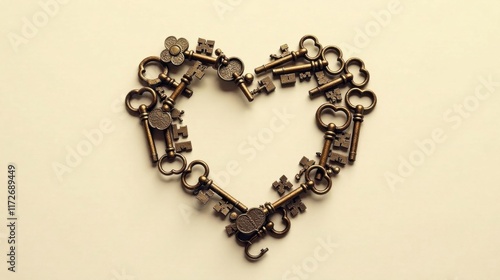 Antique Keys Arranged in a Heart Shape, Symbolizing Love, Romance, and the Search for a Home