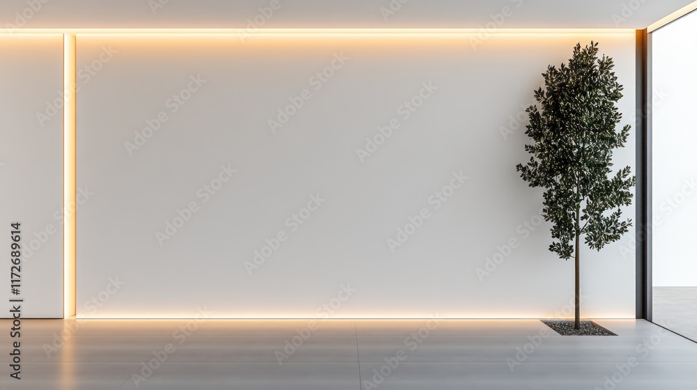 Obraz premium Minimalist interior with a tree and ambient lighting.